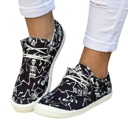 Oyedens Canvas Shoes for Women Casual Pumpkin Skull Print Low Top Walking Fashion Sneakers
