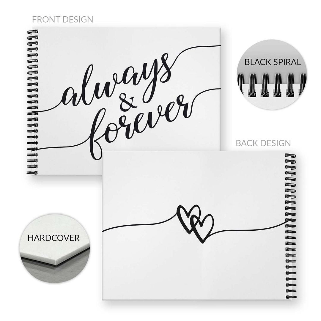 Hardcover Always And Forever Wedding Guestbook / 120 Lined Guest Signature Pages Inside / 11" x 8.5" Landscape Lay Flat Anniversary Guest Book / Black Metal Spiral Binding