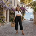 thumbnail image 3 of Linen Capri Pants Women 2026 Spring Summer Casual Lightweight Petite Elastic Waist Straight Leg Capris with Pockets Black 2XL, 3 of 7