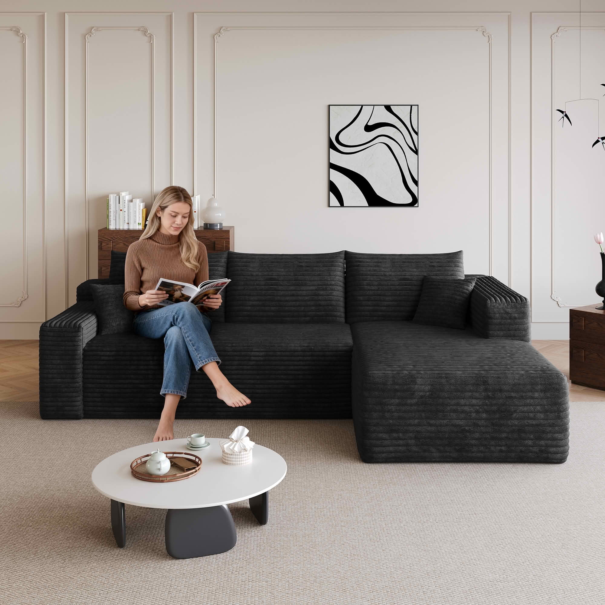 MAYEERTY 95" Cloud Sectional Sofa, U-Shaped Corduroy Upholstered Deep Seat Couch, No Assembly for Living Room, Black