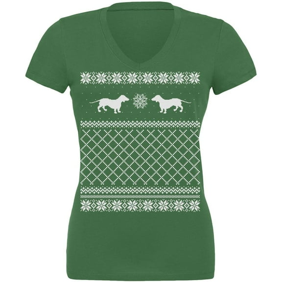 Dachshund Ugly Christmas Sweater Leaf Juniors V-Neck T-Shirt