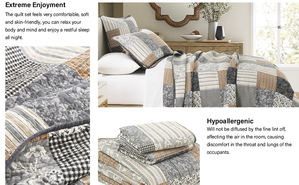 CozyDH 3-Piece 100% Cotton Rustic/Lodge Queen Quilt Set, Brown Plaid Patchwork Bedspread with 2 Shams
