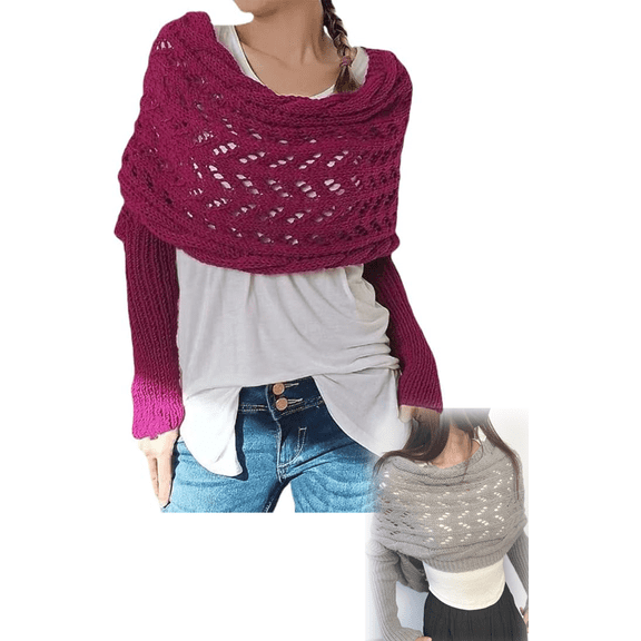 Knitted Cable Sweater Scarf with Sleeves - Double Sleeve Shrug Wrap for Women , Sweater Scarf with Sleeves for Women Knitted Cut-Out Shawl Poncho Wrap(Rose)