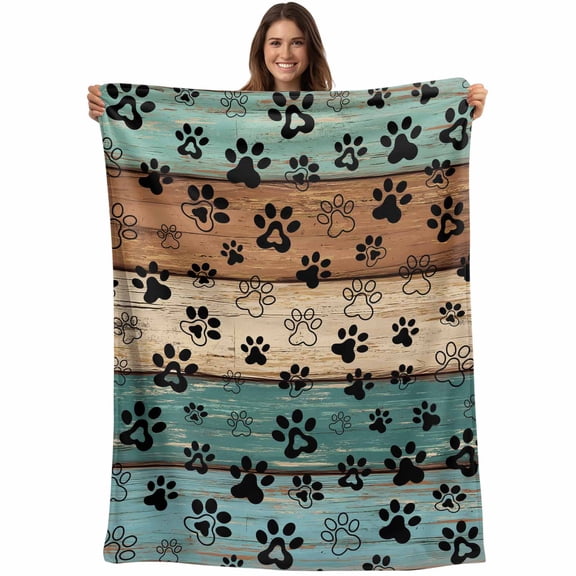 Flannel Fleece Throw Blanket Dog Paw Farm Brown Wood Board Lightweight Soft Plush Blankets,Animal Footprint Cozy Warm Throw Blanket for Couch Sofa Bed Car Office All Season Use 40x50in