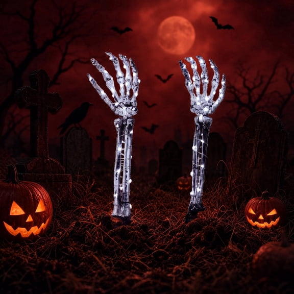Halloween Skeleton Hands Stake Lights, 1 Pair Cool White LED Copper Wire, IP44 Waterproof Yard Decor with 8 Modes for Graveyard