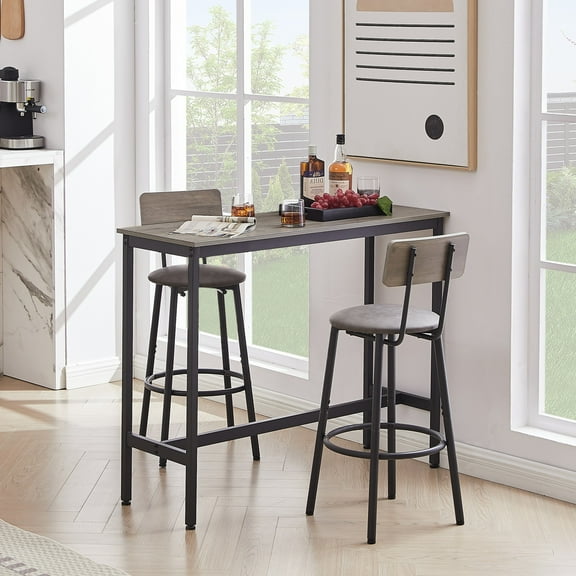 Noble House Rustic Industrial 3-Piece Bar Set, Space-Saving Dining Table with 2 PU Upholstered Stools & Backrests, Grey