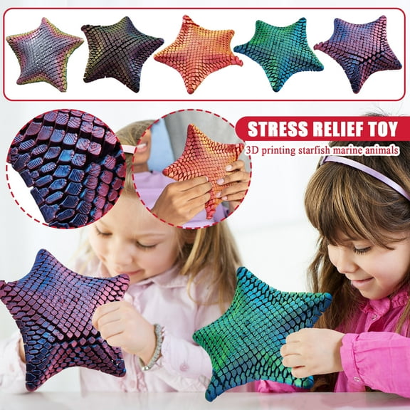 3D-Printed Starfish Stress Relief Toy Star Shaped Decorative Pillow with Iridescent Scales Pattern, Soft Plush Cushion for Sofa, Bed, Boys Room, Unique Home Decor Accent