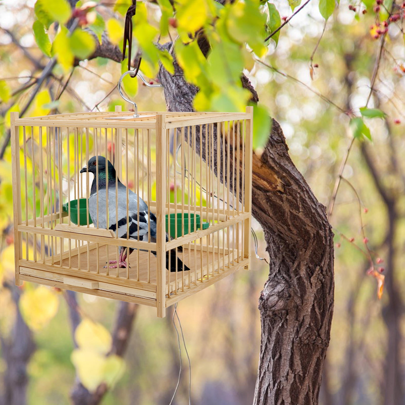 QIFULL 1 Bird Cage for Pet Animals Bamboo Parrot Cage with Round Thoughtful Design