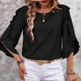 thumbnail image 3 of Women's Solid Color Long Sleeve Round Neck Top - Irregular Hem and Lace Detail, 3 of 8