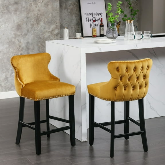 Tufted Bar Stools Set of 2, Upholstered Button Tufted Counter Bar Height Bar Chairs with Back, Velvet Kitchen Island Chair Barstools with Wood Legs for Dining Room Bar Coffee Shop, Yellow
