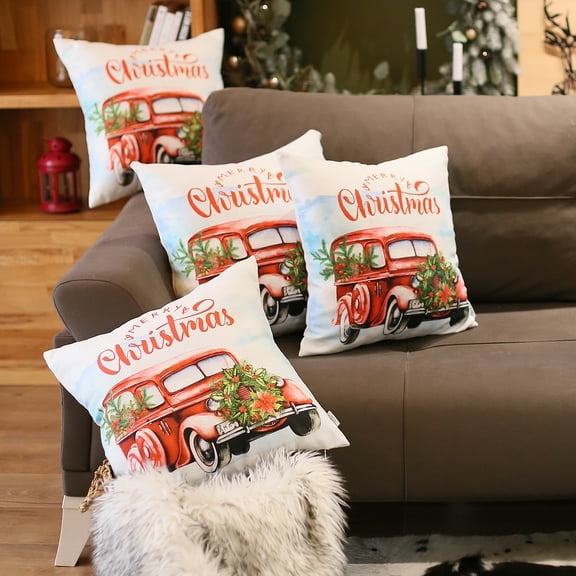 Christmas Car Decorative Throw Pillow Set of 4 Square 18 in. x 18 in. White & Red for Couch, Bedding