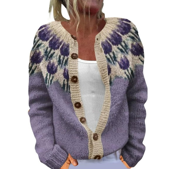 Jacquard Printed Sweater, Knitted Sweater, Cardigan, Purple Xxxxl