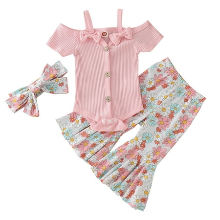 

Little Girlss Party Dailywear Sets Floral Printed O-Neck Short Sleeve Summer Ribbed Bowknot Romper Bodysuit Bell Bottoms Pants Headbands Outfits Dailywears Comfortable Loose Fittness Sets