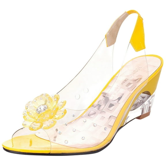 Guttear Women's Fashion Clear Crystal Wedge Sandals Peep Toe Glitter Flower Platform High Heel Dress Sandal