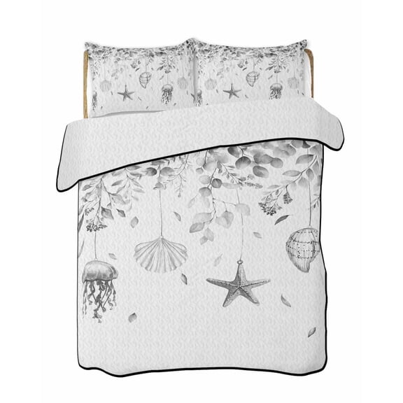 Quilts King Size, Gray Eucalyptus Coastal Soft Comforter Bedding Set for Bed, Beach Starfish Shells Lightweight Quilted Bedspread with Pillow Cover(2 Pieces) for All Season, 96x106 Inch