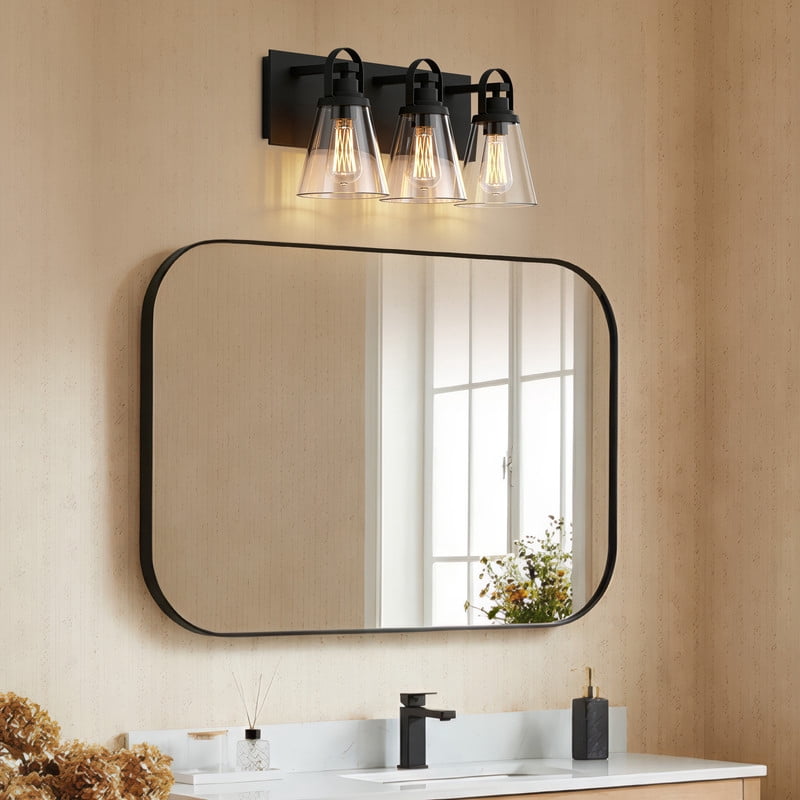 HKMGT 3-Light Modern Vanity Light Loop Top Design Black Metal Bathroom Light Fixture for Vanity