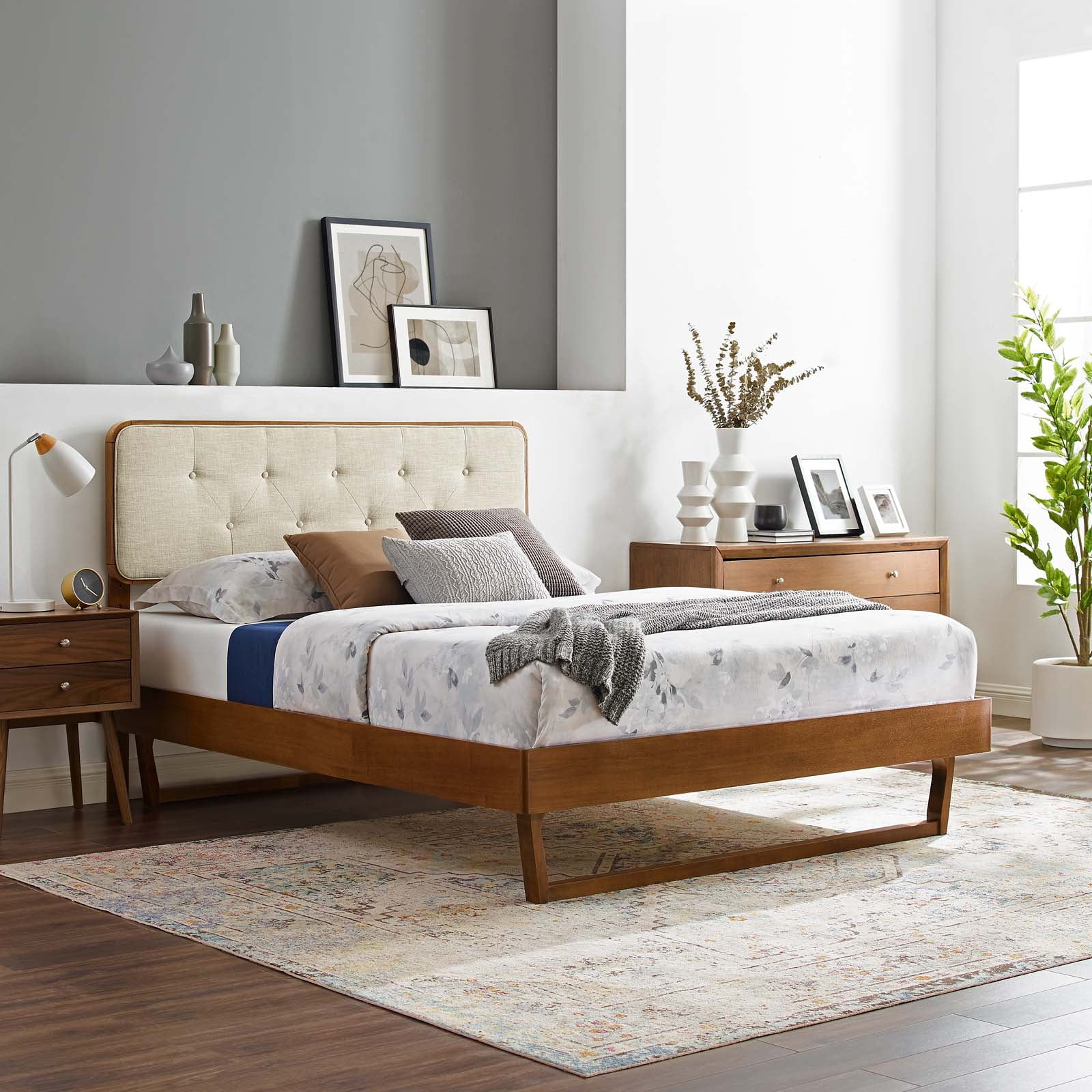 Platform Bed Frame, King Size, Wood, Brown Walnut Beige, Modern Contemporary Urban Design, Bedroom Master Guest Suite
