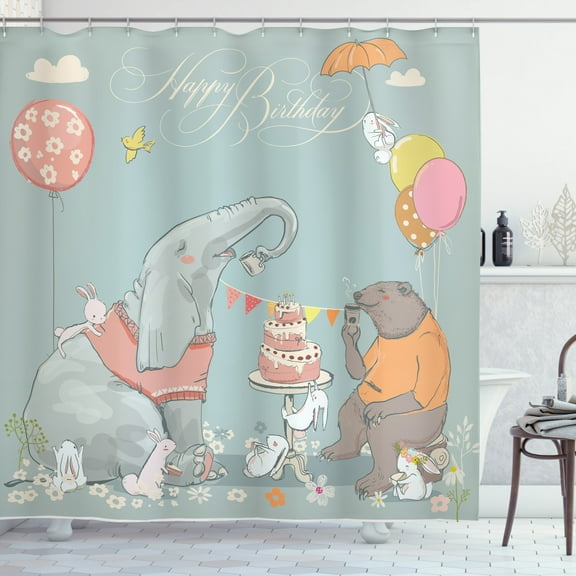Kids Birthday Shower Curtain, Festive Celebration Surprise Party Theme Art with Elephant Bear and Hares, Fabric Bathroom Set with Hooks, 69W X 84L Inches Extra Long, Multicolor, by Ambesonne