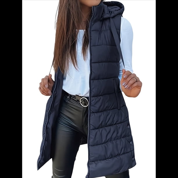 Chaleco para Mujer, Color Liso, Sin Mangas, con Capucha, para Invierno, Abrigo Acolchado. Azul Oscuro XL