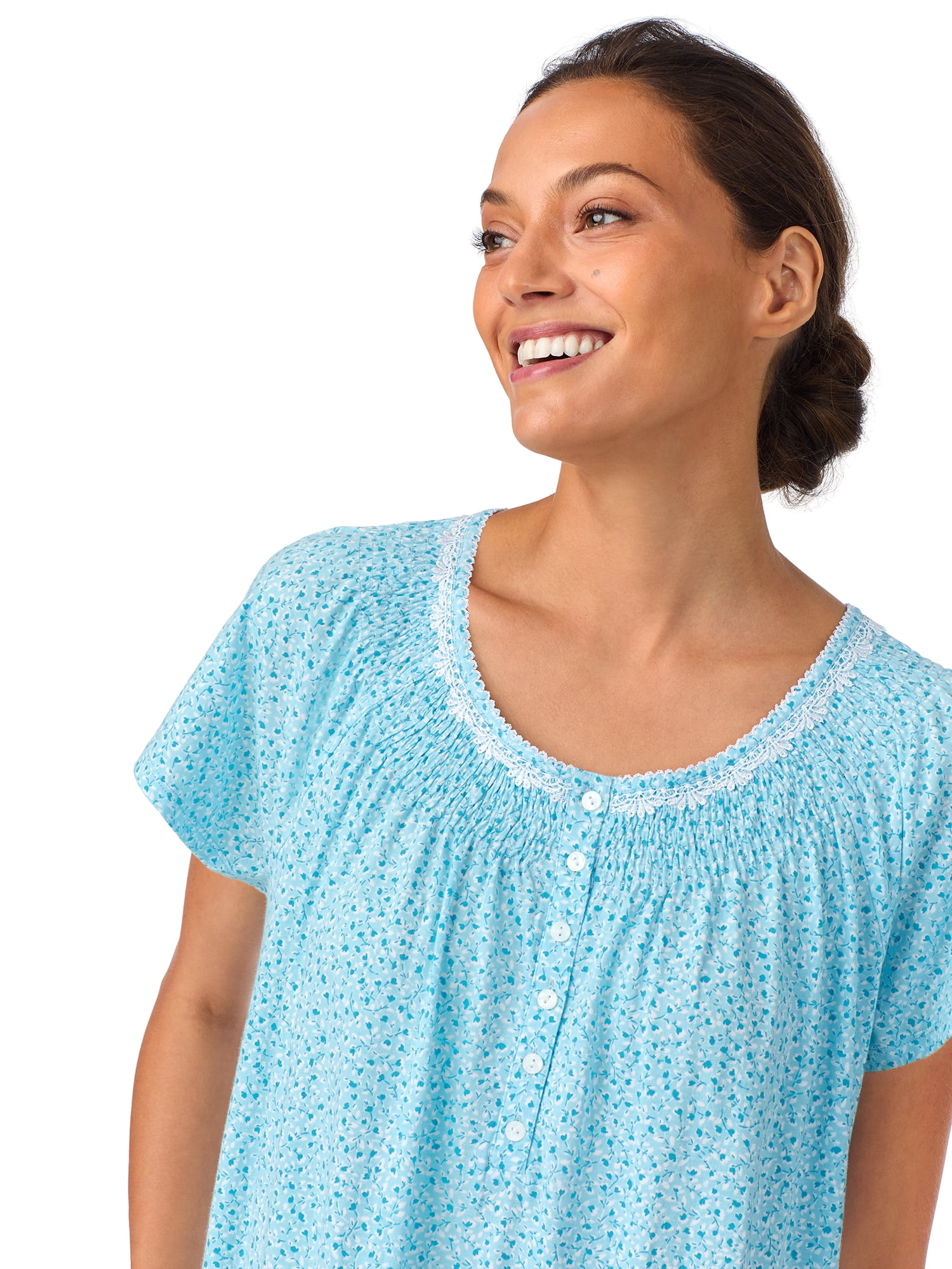 Aria Women's 100% Cotton Raglan Sleeve Smocked Neck 40" Sleepwear Gown, Sizes XS-5X