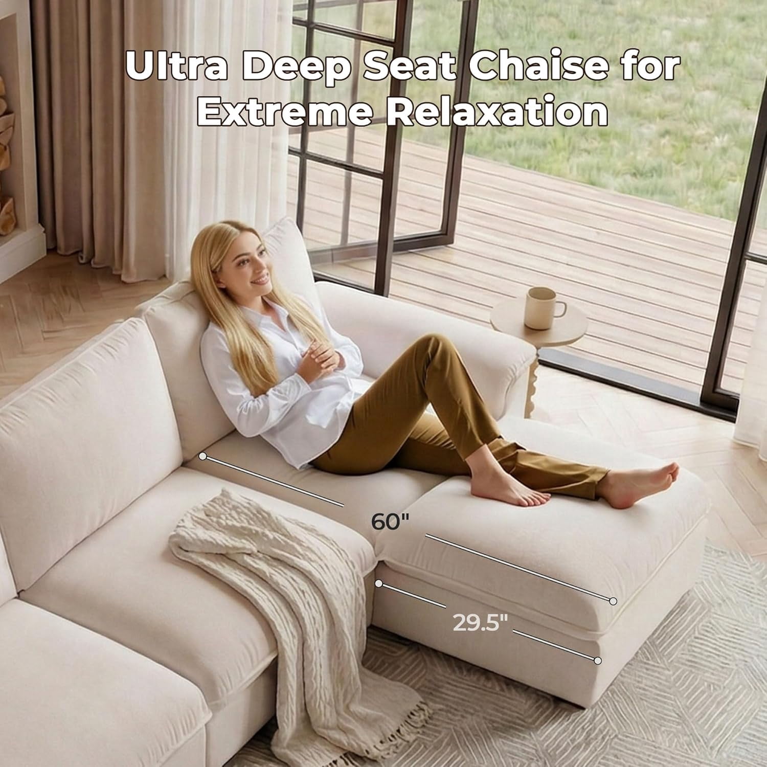 Carzzi-Life 102" Sofa Couch for Living Room, Modern Comfy Sofa with Extra Depth Seat and Ottoman, 3 Seater Chenille Couches for Living Room Apartment, Beige