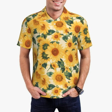 Haiem Green Leaf Sunflower Pattern Mens Polo Shirts Quick Dry Short Sleeve Golf T Shirt Performance Moisture Wicking Casual Workout-Medium