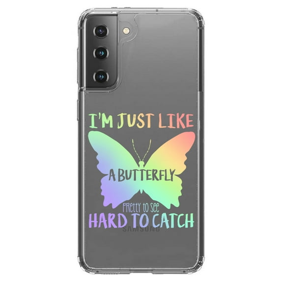DistinctInk Clear Shockproof Hybrid Case for Galaxy S21 5G (6.2" Screen) - TPU Bumper Acrylic Back Tempered Glass Screen Protector - Like Butterfly - Pretty to See Hard to Catch