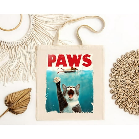 vintage Short Sleeves Paws Tote Bag Funny Cat Jaws Parody Graphic -TH21029