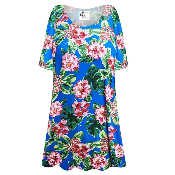 Plus size 7x Tall Womens Short Sleeve Pink Magnolia Garden Print Tunic Tops Casual Loose Fitting Flowy Shirts Blouses