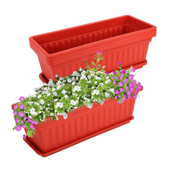 3 Pack 17 inches Flower Planter Box , Red Plastic Rectangular Flower Plant Pot with Trays for Home Garden, Windowsill, Patio, Balcony (Happon)