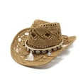 thumbnail image 2 of Women's Crochet Western Cowboy Straw Hat Hollow Out Woven Sun Hat with Shell & Tassel Band, 2 of 4