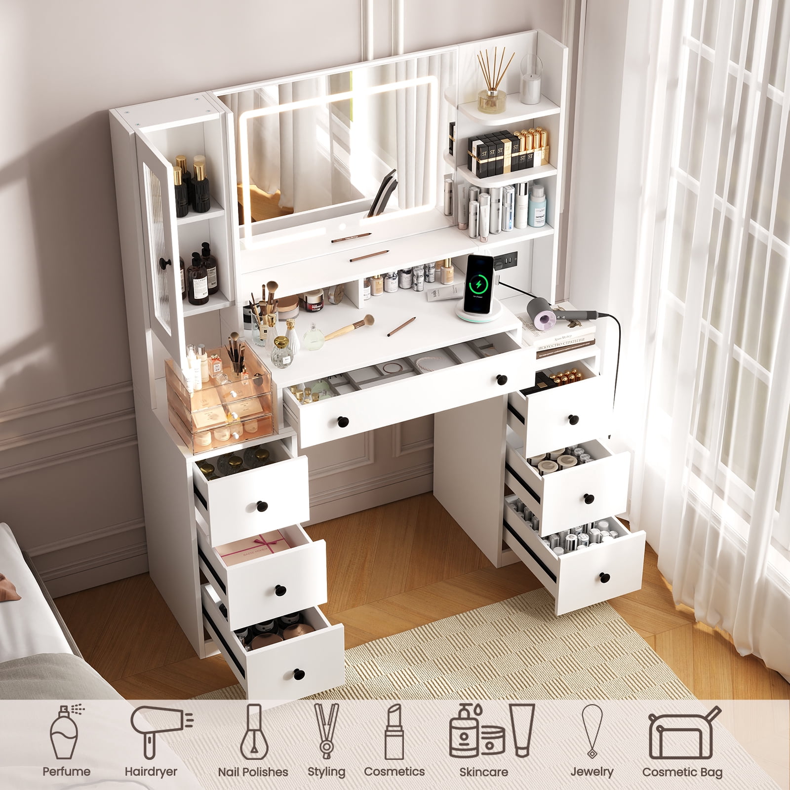 IDEALSOUL Vanity with Lights and Mirror,White Vanity Desk with 7 Drawers for Bedroom Dressing Room 3 Lighting Color Adjustable
