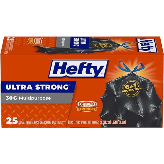 Hefty Ultra Strong Multipurpose Large Trash Bags, Black, Unscented, 30 Gallon, 25 Count (Pack of 1)