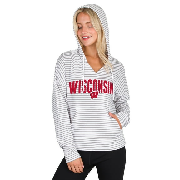 Men's Concepts Sport White/Gray Wisconsin Badgers French Terry Striped V-Neck Pullover Hoodie