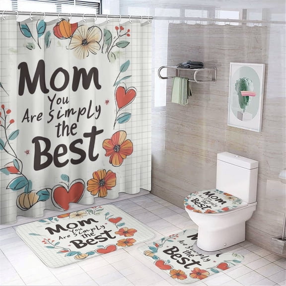 4Pcs Shower Curtain Sets with Rugs Mom You Are Simply The Best Bath Mat U-Shaped Floor Mat Toilet Lid Oval Rug Mom Quote 12 Hooks for Bathroom Decor 72inch X 72inch