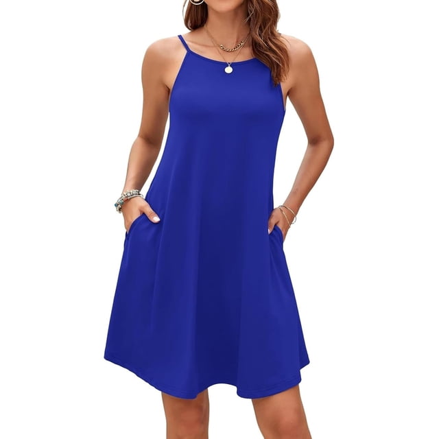 Jdffashion Robe d'Été pour Femmes Col Licou Sans Manches Mini Robe Décontractée Florale de Plage avec Poches