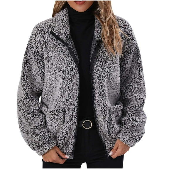 ChaoHeng Womens Jackets Lightweight Casual Fashion Print Pocket Zipper Coat Trendy,Women's Fashion Long Sleeved Single Button Lapel Plush Coat(Gray,S)