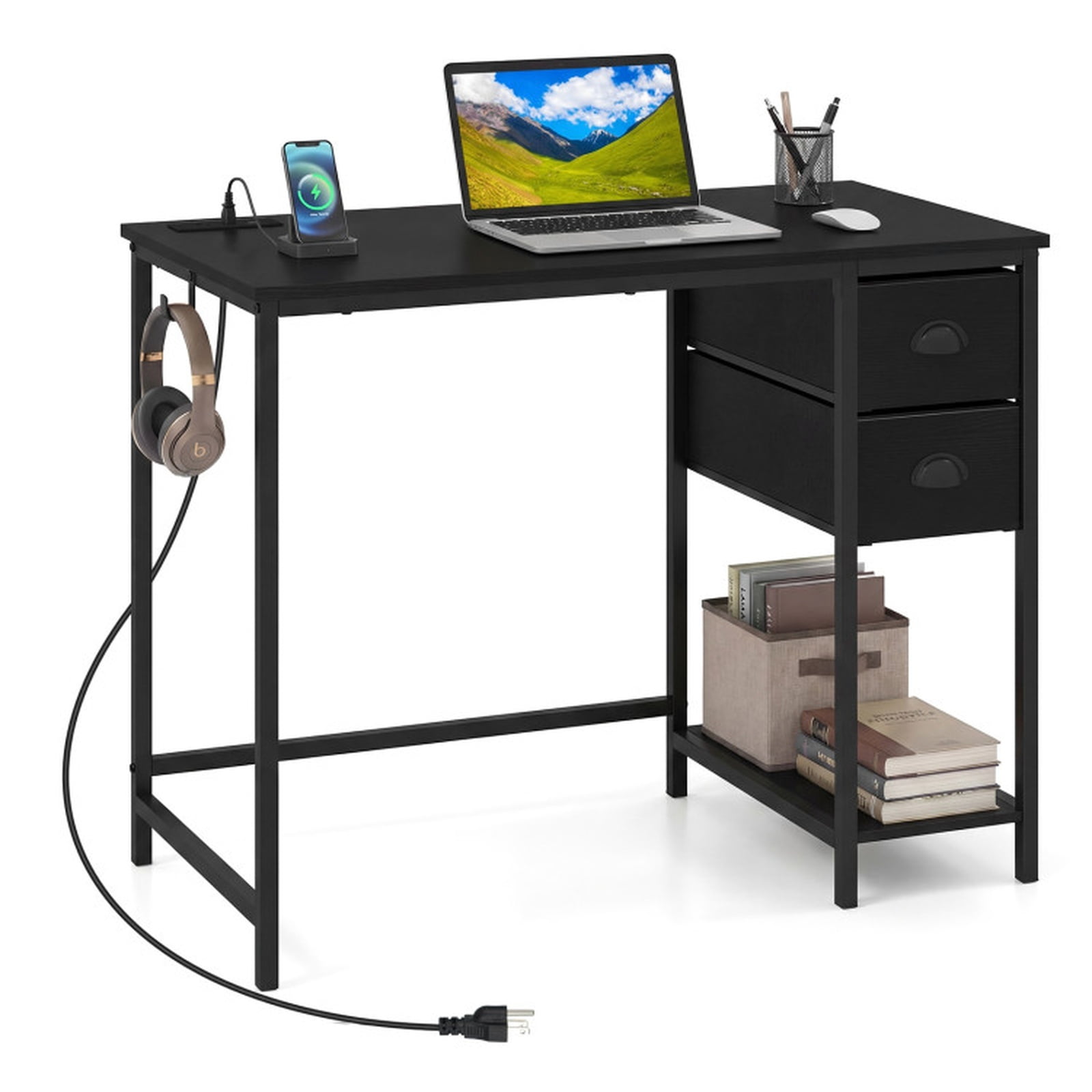 Furnibear Computer Desk with Charging Station and 2 Fabric Drawers, 38 Inch Small Home Office Desk with Headphone Hook and Metal Frame, Black