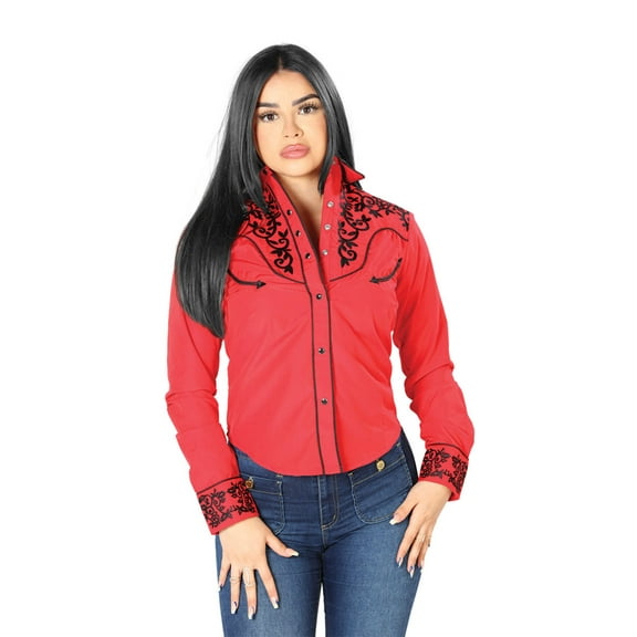 Women's Red Embroidered Long Sleeve Western Shirt 'El Señor de los Cielos' 126670