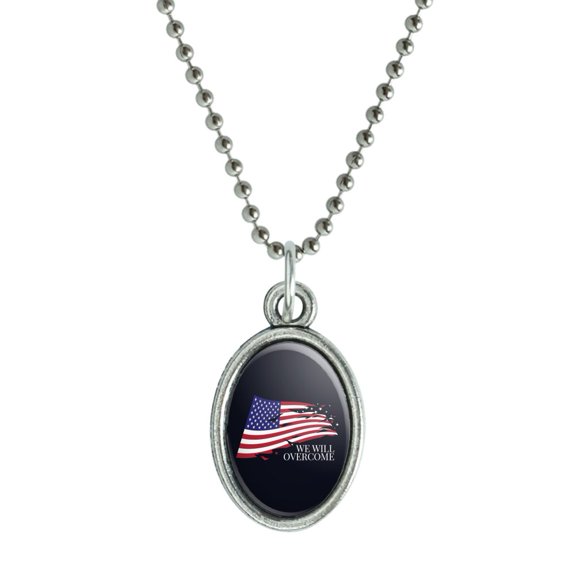 We Will Overcome Flag Stars USA America Antiqued Oval Charm Pendant with Chain
