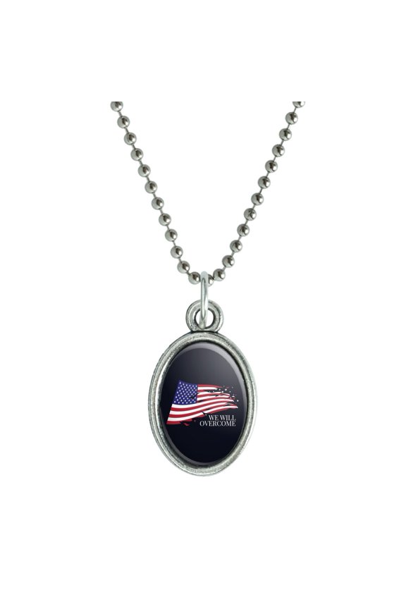 We Will Overcome Flag Stars USA America Antiqued Oval Charm Pendant with Chain
