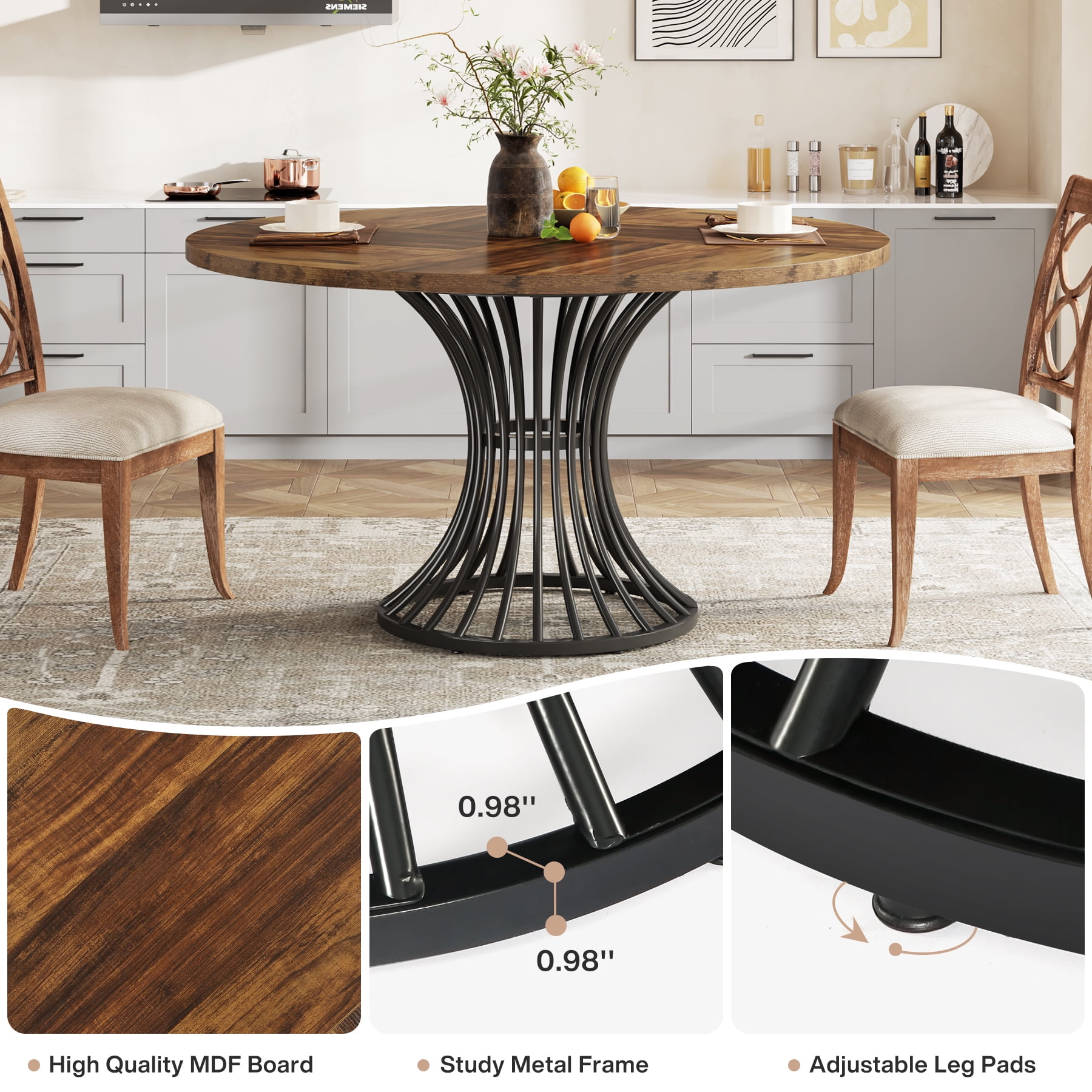 Fnova 47.24" Farmhouse Round Dining Table for 4 People, Modern Wood Tabletop Coffee Table with Metal Frame for Kitchenfor Dining Room, Brown