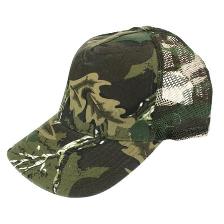 Mens Low Crown 5 Panel Camouflage Twill Mesh Trucker Hat Olive Tree Camo