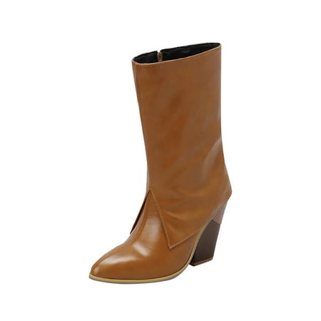 

kpoplk Boots for Women Ankle Booties Wide Ladies Fashion Retro Solid Color Leather Side Zipper Thick High Heel Short Boots (Brown 8)