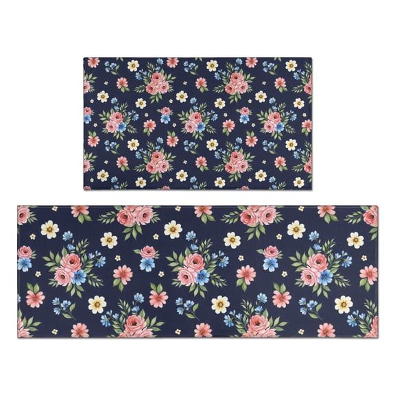 Pioneer Flower Floral Print Pattern Kitchen Rugs Sets Of 2, Anti Fatigue Non Slip Washable Floor Mats for Kitchen Sink Laundry, 17X30 Inch 17X47 Inch