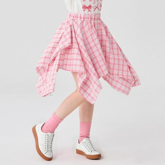 Bxsruta Girls Plaid Midi Skirt Asymmetrical Handkerchief Hem High Waist Elastic Stretchy Skirt for Big Kids 8-14 Years Old