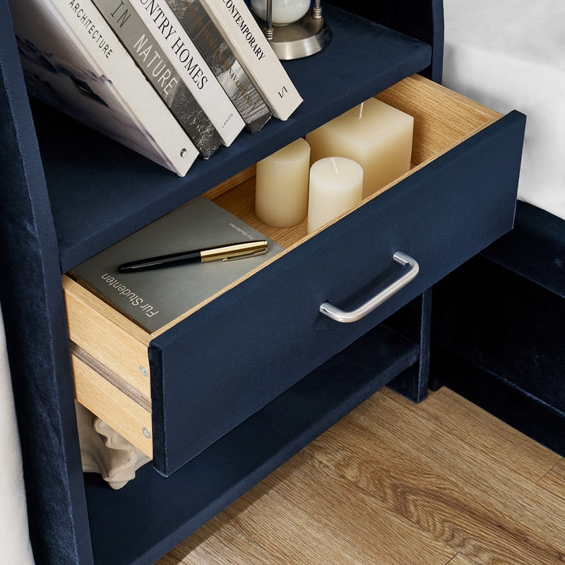 Queen/King Size Modern Upholstered Platform Bed Frame, Velvet Storage Bed with Headboard, Side Bookcases & Drawers Nightstand