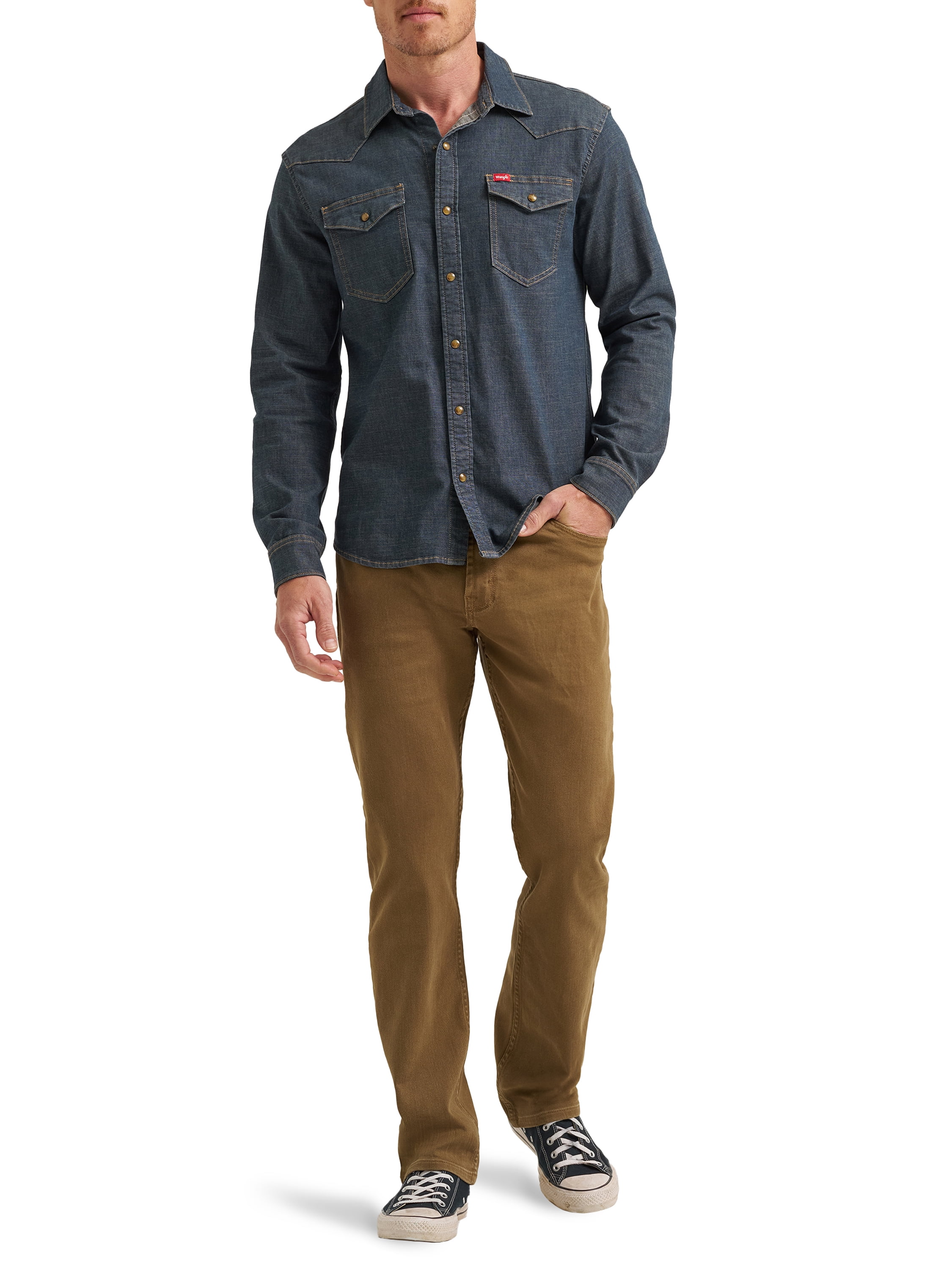 Wrangler® Men's Slim Fit Long Sleeve Woven Twill Denim Shirt with Sunglasses Cleaner, Sizes S-5XL