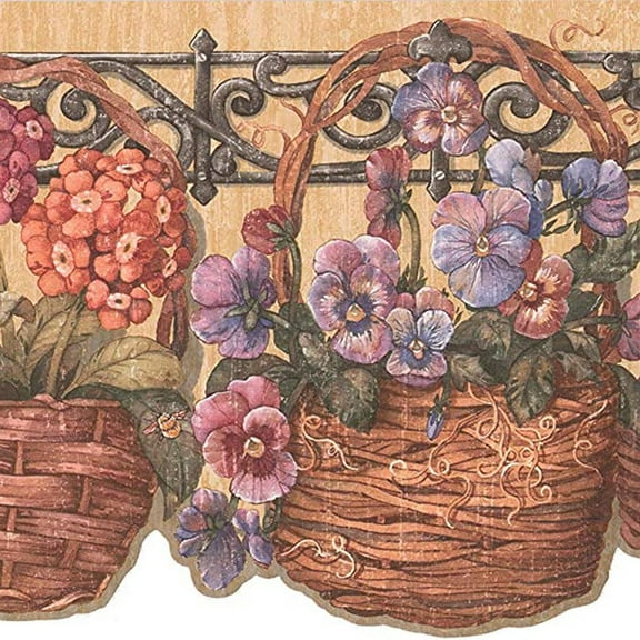 Concord Wallcoverings Die Cut Floral Wallpaper Border Featuring Basket with Multicolor Flowers in The Garden, Colors Brown Red Yellow Pink, Size 9 Inches by 15 Feet CP033175B