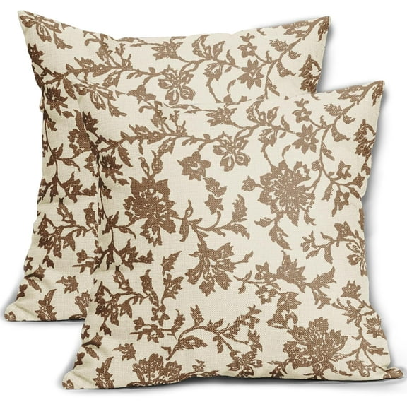Brown Floral Block Print Pillow Covers 18x18 Set of 2 Vintage Flower Pattern Cream Decorative Throw Pillowcases Outdoor Rustic Farmhouse Square Cushion Cases Decor for Home Couch Sofa Bed